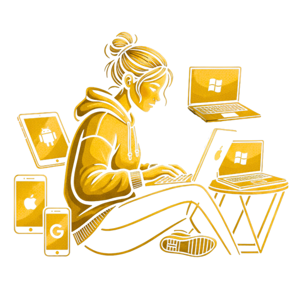 A yellow and black stylized illustration of a woman in a hoodie sitting on the floor and using a laptop