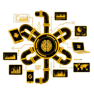 A technical illustration in yellow and black featuring a central brain icon connected to a network of pipes.