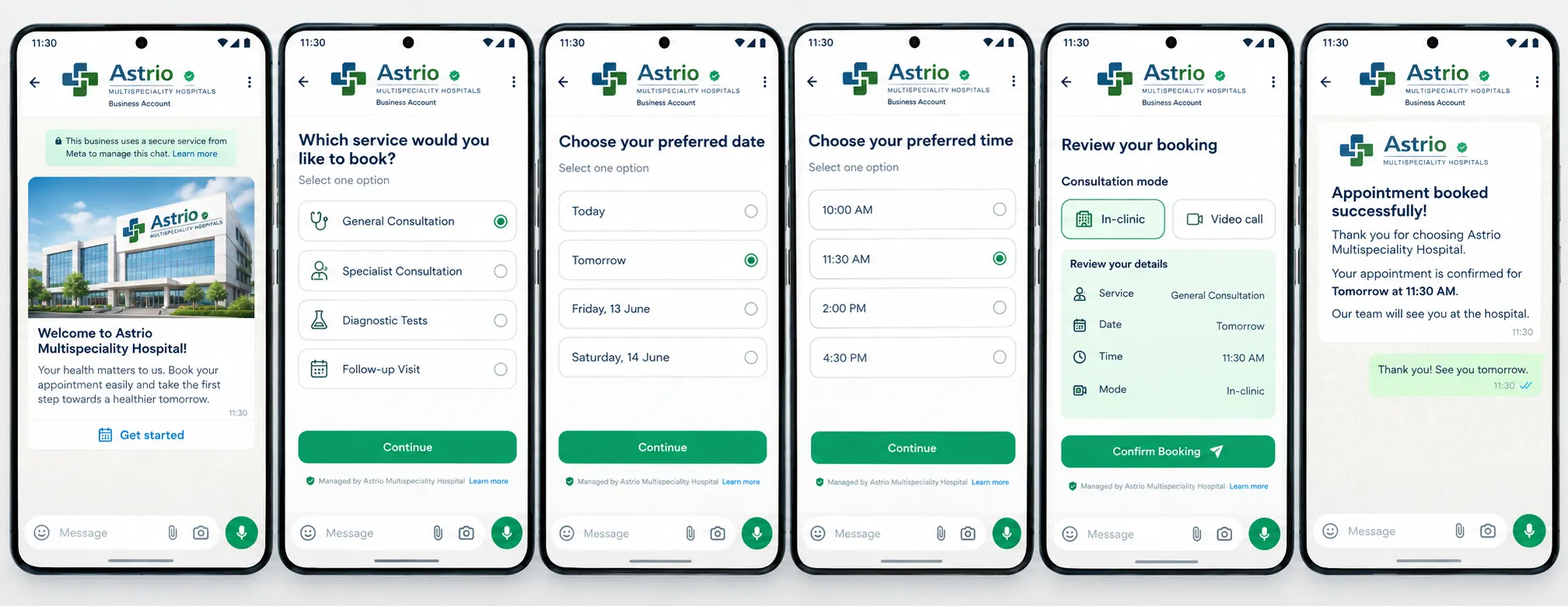 Astrio Hospital WhatsApp Booking Flow